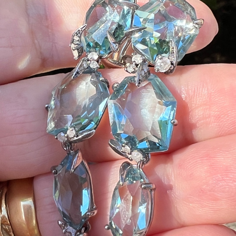 ALEXIS BITTAR FINE BLUE QUARTZ GRAY DIAMONDS LONG DROP DANGLE EARRINGS STATEMENT - Picture 13 of 16